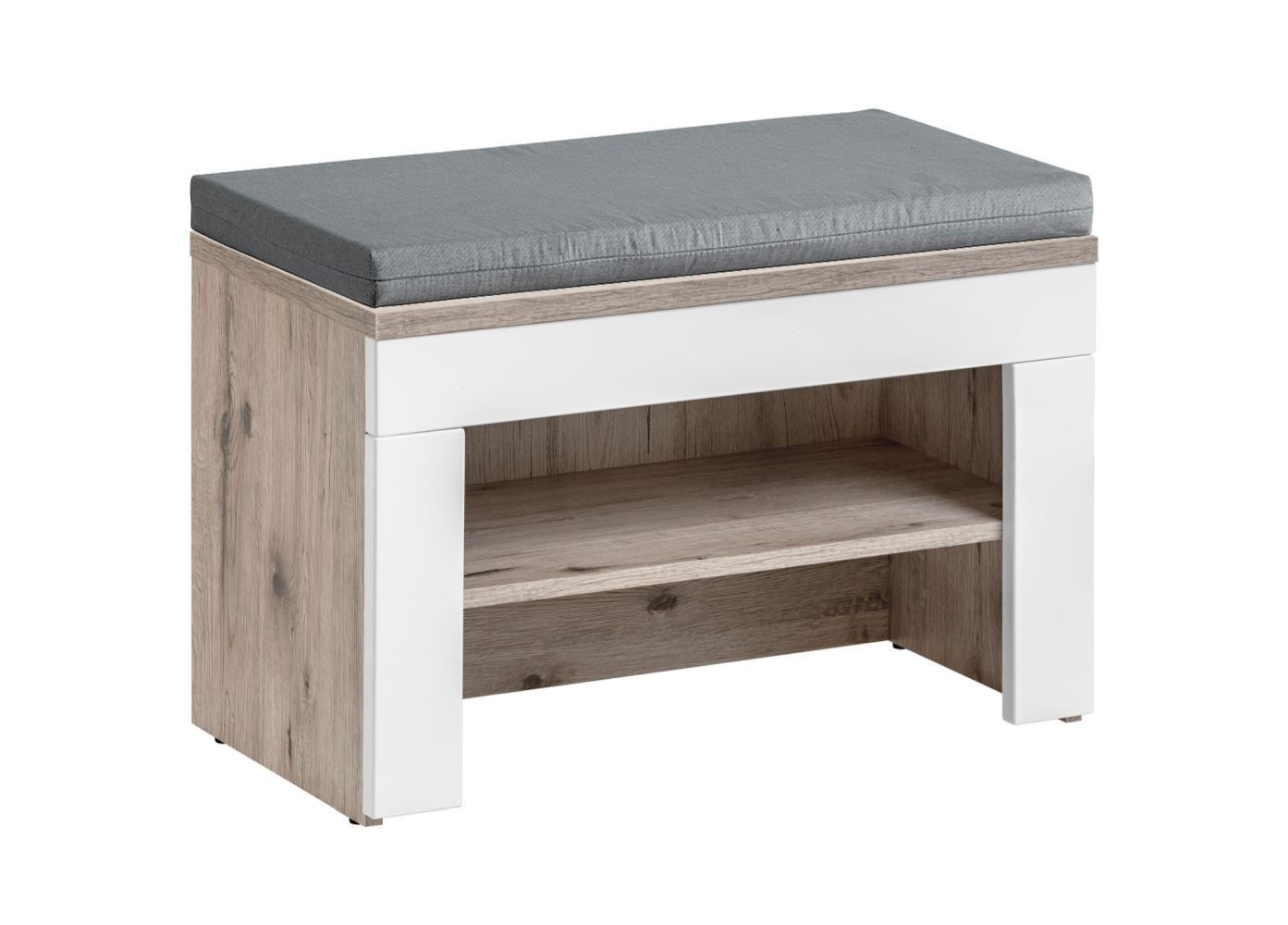 Scarpiera con panca Sviland 16, colore: rovere Wellington / bianco / grigio - dimensioni: 56 x 60 x 32 cm (A x L x P), con cuscino di seduta