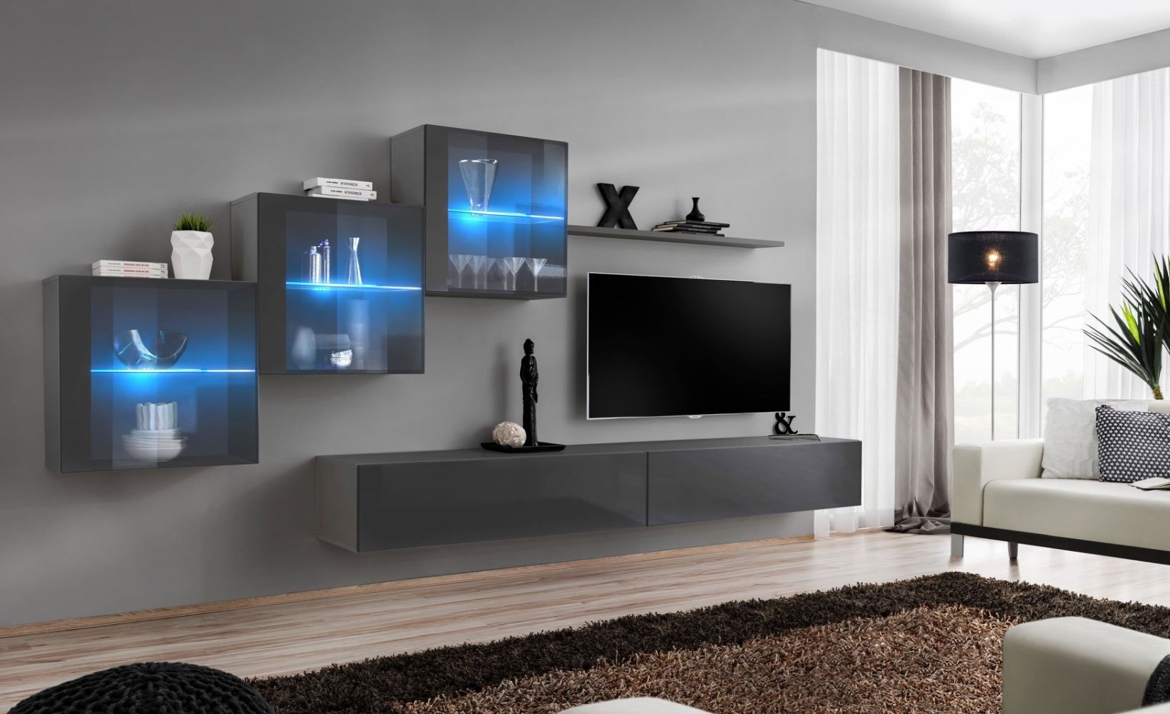 Pensile moderno Balestrand 307, colore: grigio - Dimensioni: 150 x 330 x 40 cm (A x L x P), con illuminazione a LED