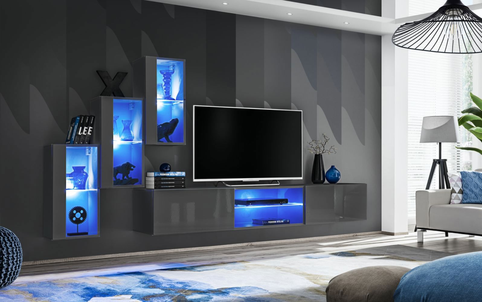 Pensile con ampio spazio Volleberg 19, colore: grigio - Dimensioni: 120 x 210 x 40 cm (A x L x P), con illuminazione LED blu