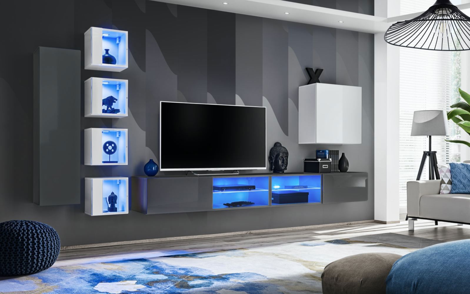 Elegante parete soggiorno Volleberg 88, colore: grigio / bianco - Dimensioni: 150 x 280 x 40 cm (A x L x P), con illuminazione LED blu