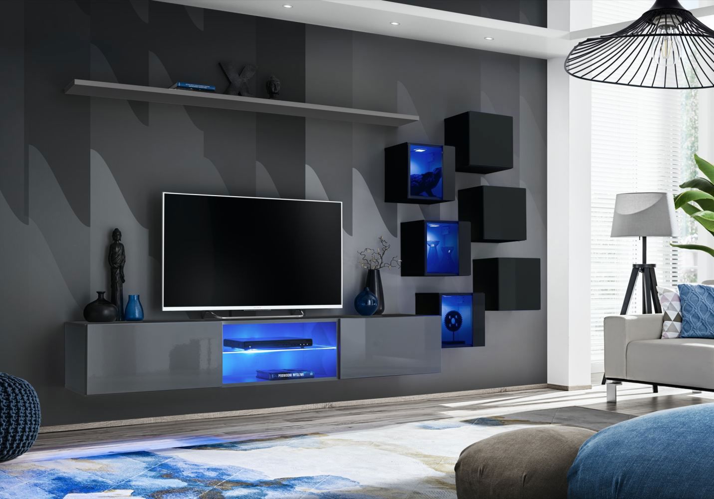 Pensile dall'elegante design Volleberg 09, colore: grigio / nero - Dimensioni: 140 x 260 x 40 cm (A x L x P), con illuminazione LED blu
