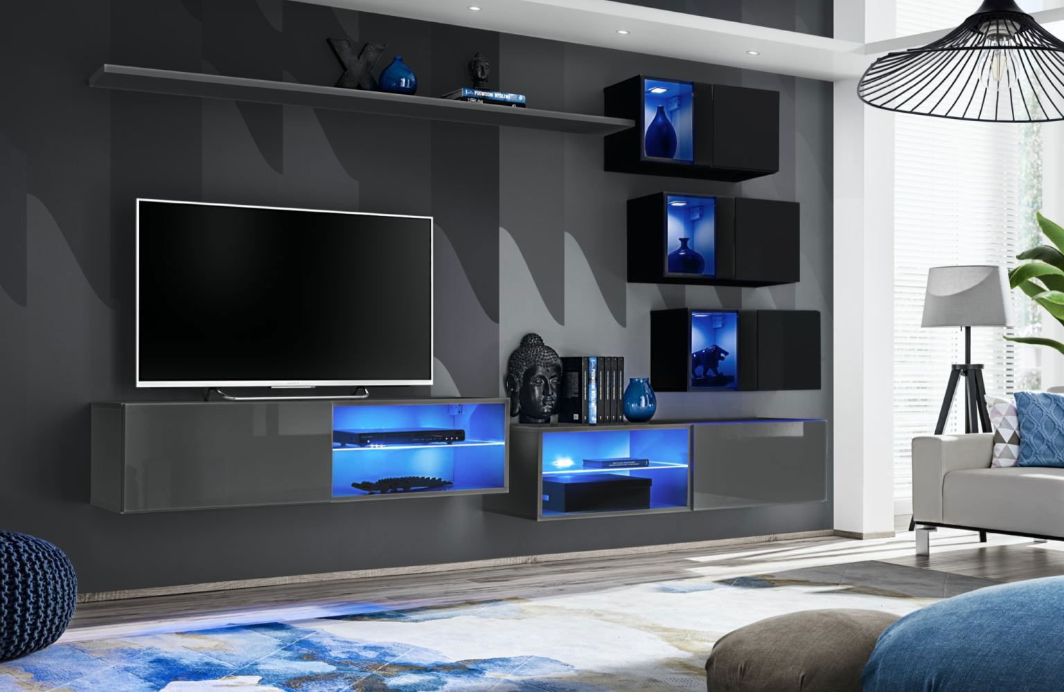 Pensile con due basi TV Volleberg 57, colore: grigio / nero - Dimensioni: 150 x 250 x 40 cm (A x L x P), con illuminazione LED blu
