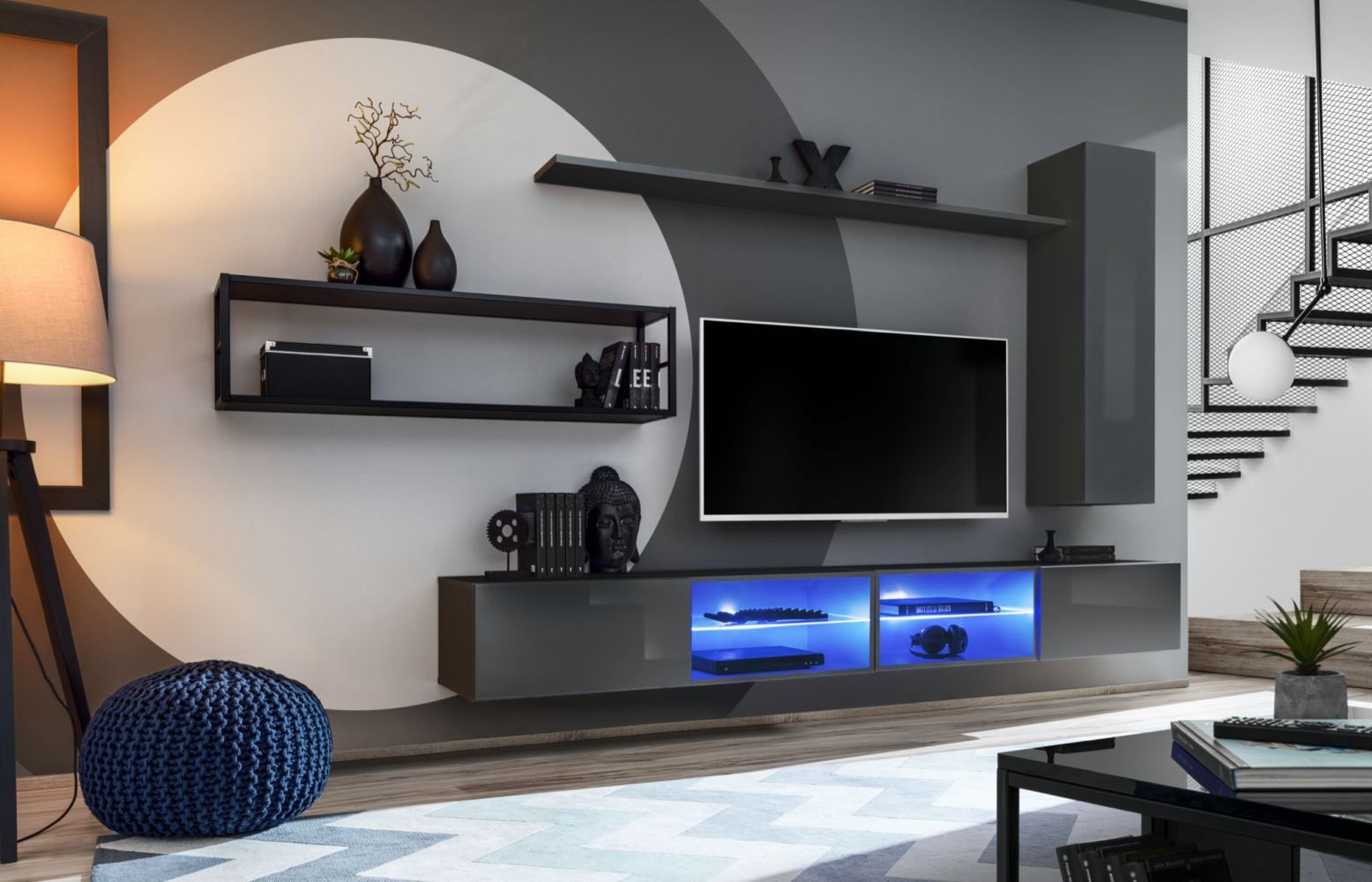 Parete soggiorno in elegante design Valand 15, colore: grigio - Dimensioni: 170 x 300 x 40 cm (A x L x P), con illuminazione LED blu