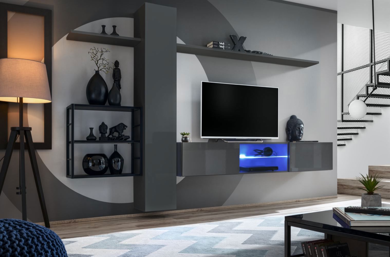 Parete soggiorno in design moderno Valand 19, colore: grigio - Dimensioni: 180 x 270 x 40 cm (A x L x P), con funzione di apertura a pressione