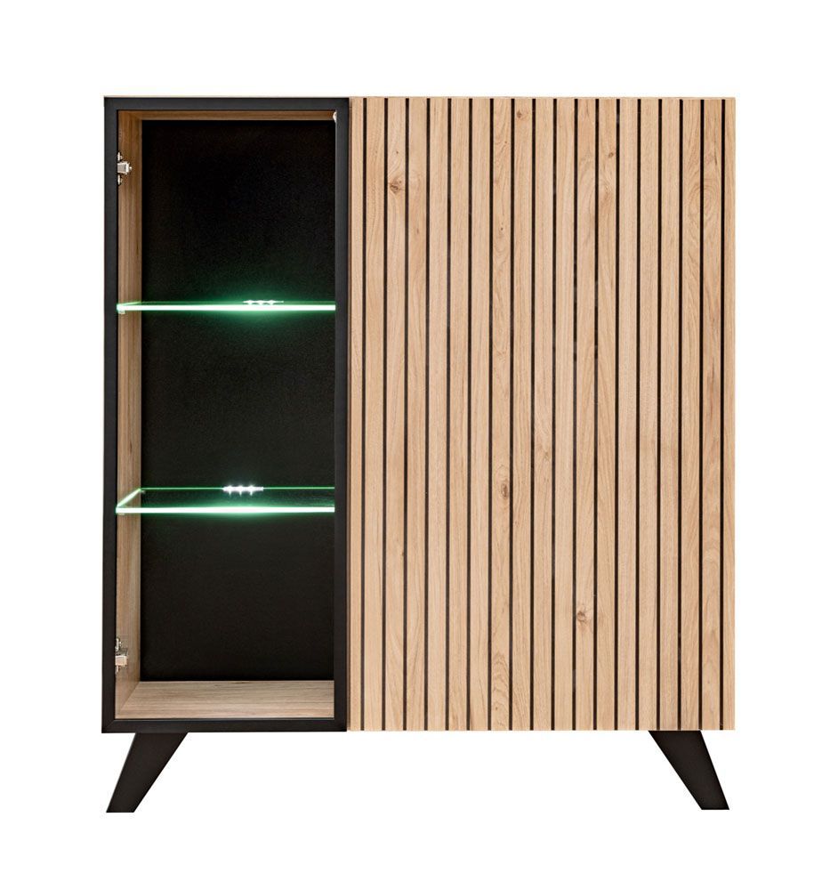 Vetrinetta Nordkapp 04, colore: Hickory Jackson / Nero - Dimensioni: 102 x 90 x 40 cm (A x L x P), con 6 scomparti e illuminazione a LED