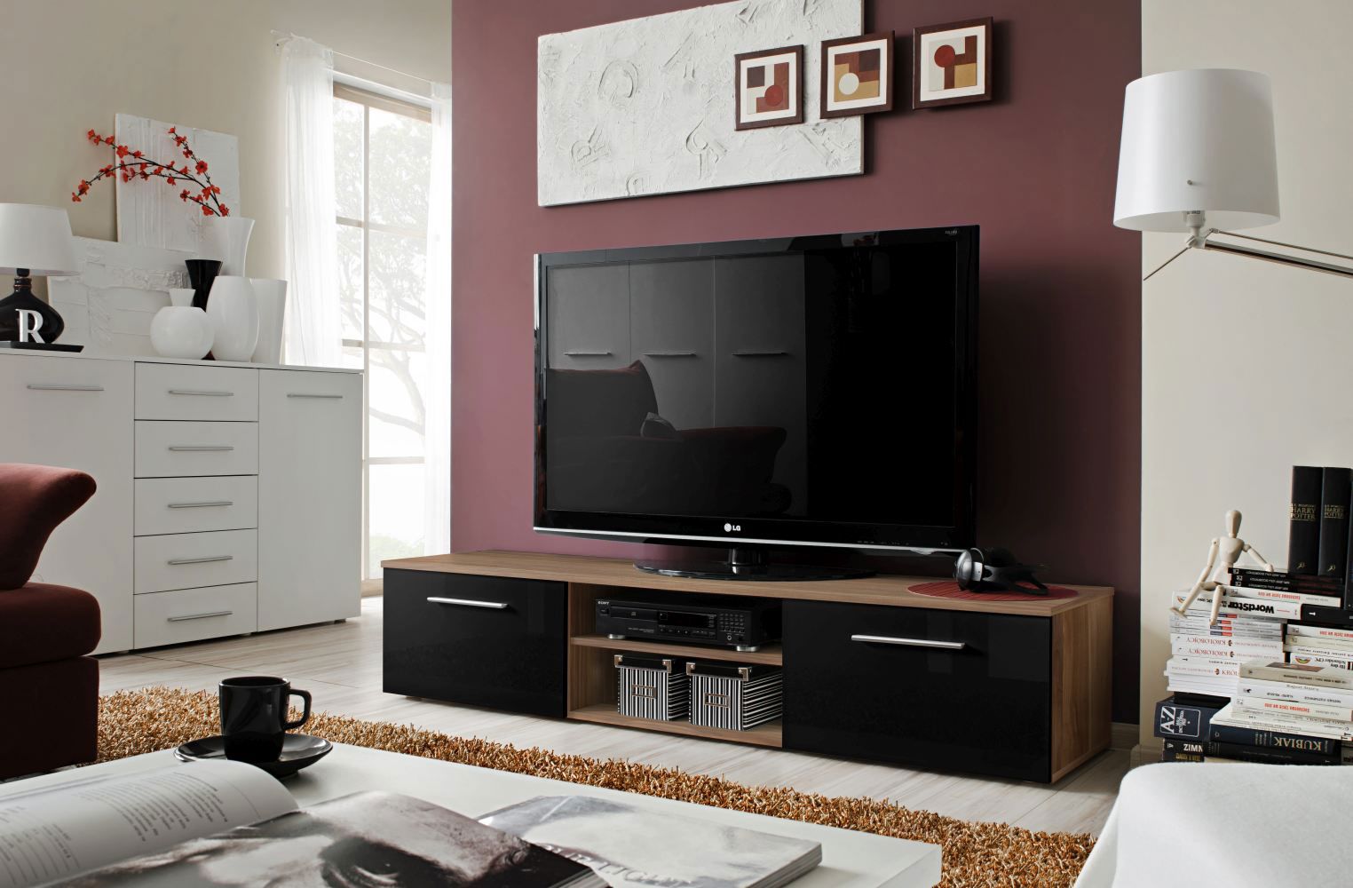 Mobile TV moderno Salmeli 25, colore: nero / marrone - Dimensioni: 35 x 180 x 45 cm (A x L x P), con due ante