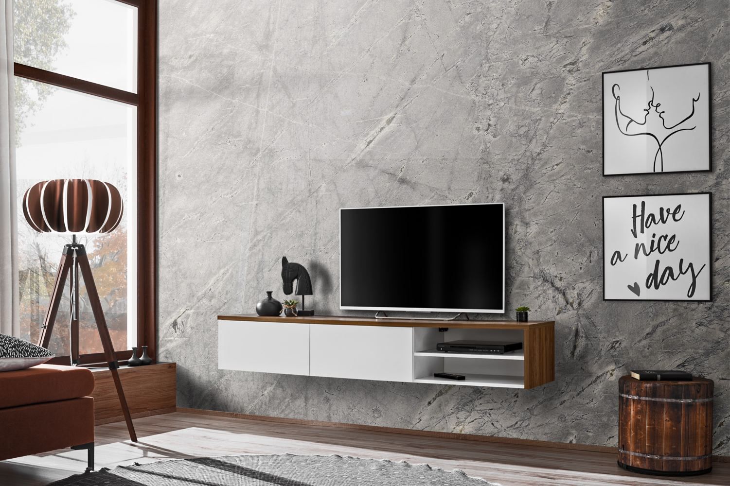 Mobile TV moderno Bjordal 15, colore: bianco opaco / rovere sterling - Dimensioni: 30 x 180 x 40 cm (A x L x P), con quattro scomparti