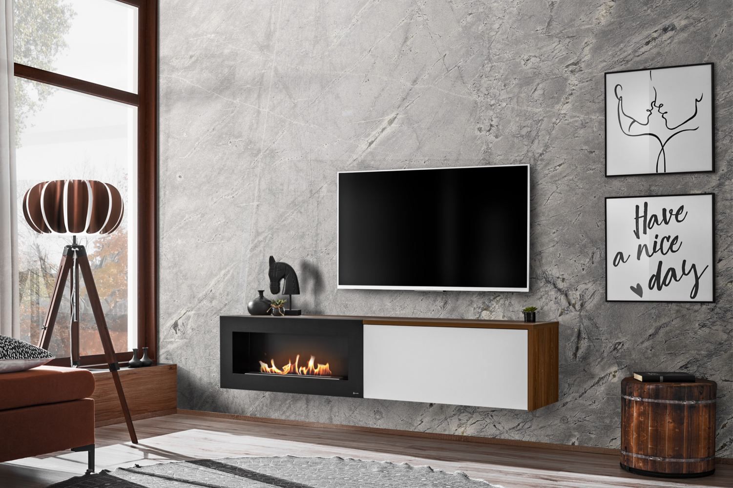 Elegante mobile TV Bjordal 17, colore: bianco opaco / rovere sterling - dimensioni: 40 x 180 x 40 cm (A x L x P), con camino a bioetanolo