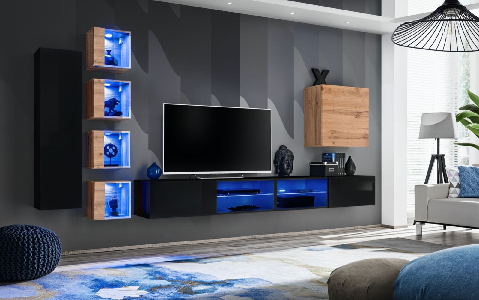 Parete soggiorno in design moderno Volleberg 94, colore: nero / rovere Wotan - Dimensioni: 150 x 280 x 40 cm (A x L x P), con illuminazione LED