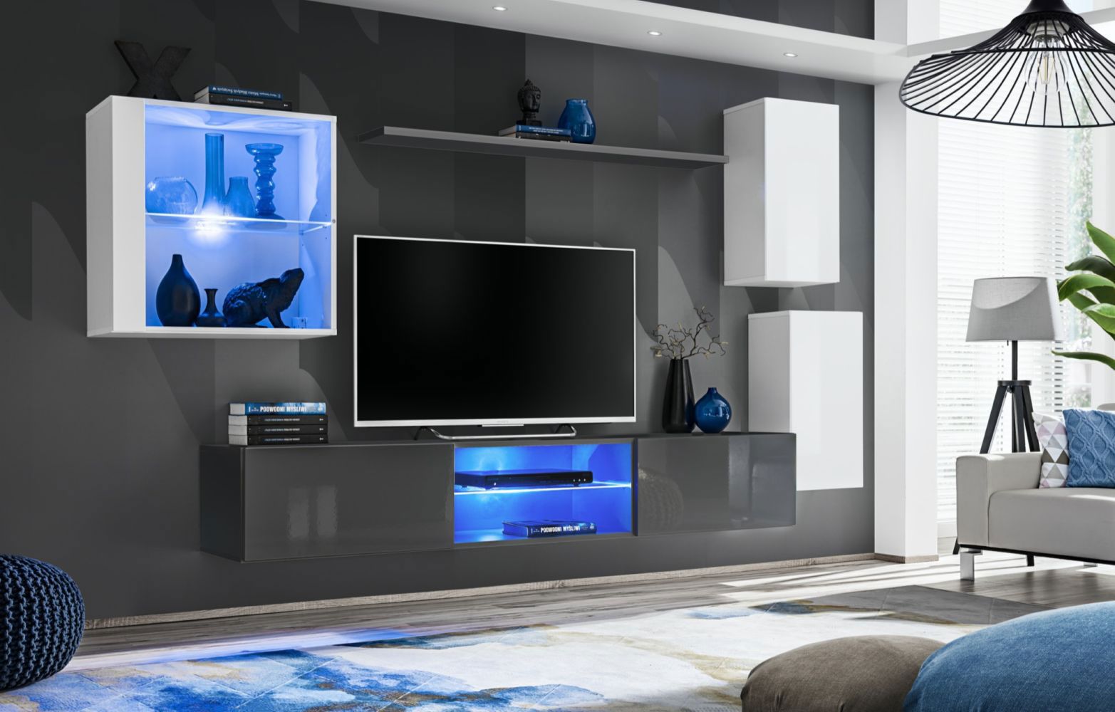 Parete soggiorno moderna Volleberg 39, colore: bianco/grigio - Dimensioni: 140 x 250 x 40 cm (A x L x P), con illuminazione LED blu