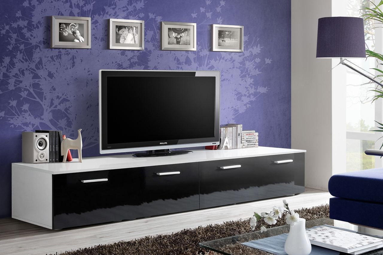 Mobile TV con quattro scomparti Bjordal 60, colore: nero lucido / bianco opaco - Dimensioni: 35 x 200 x 45 cm (A x L x P)