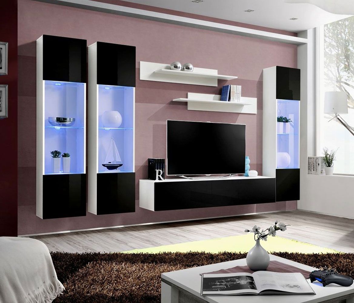 Parete soggiorno moderna con funzione push-to-open Hompland 29, colore: bianco / nero - Dimensioni: 170 x 260 x 40 cm (A x L x P), con illuminazione LED