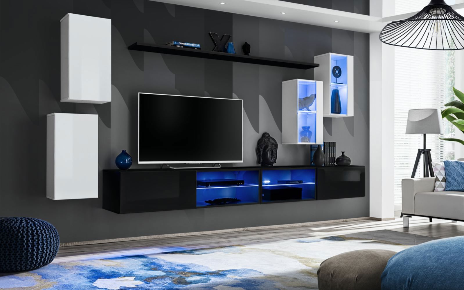 Parete soggiorno in design moderno Volleberg 69, colore: bianco / nero - Dimensioni: 150 x 280 x 40 cm (A x L x P), con due pensili
