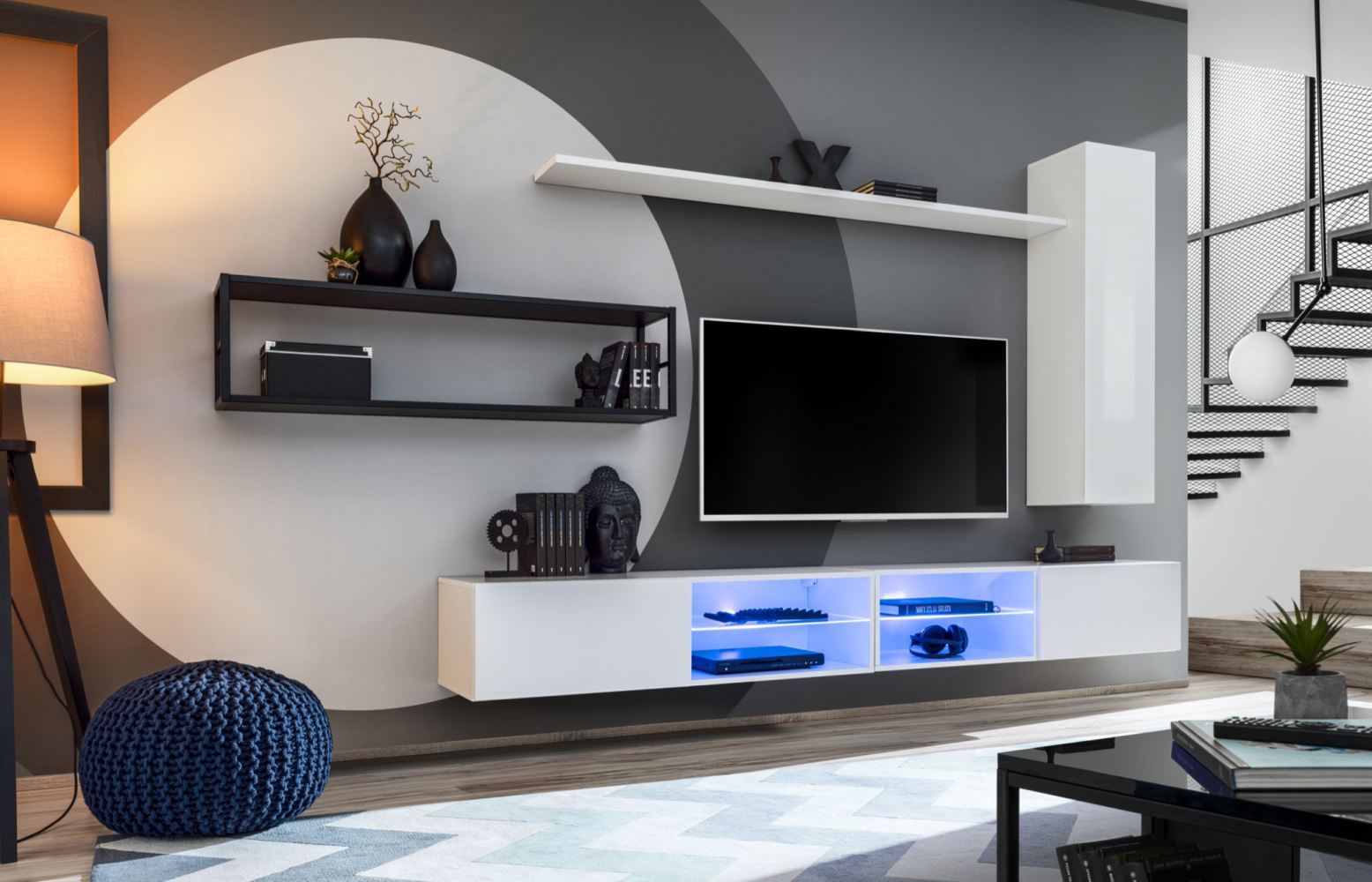 Parete soggiorno semplice Valand 13, colore: bianco / nero - Dimensioni: 170 x 300 x 40 cm (A x L x P), con due basi TV