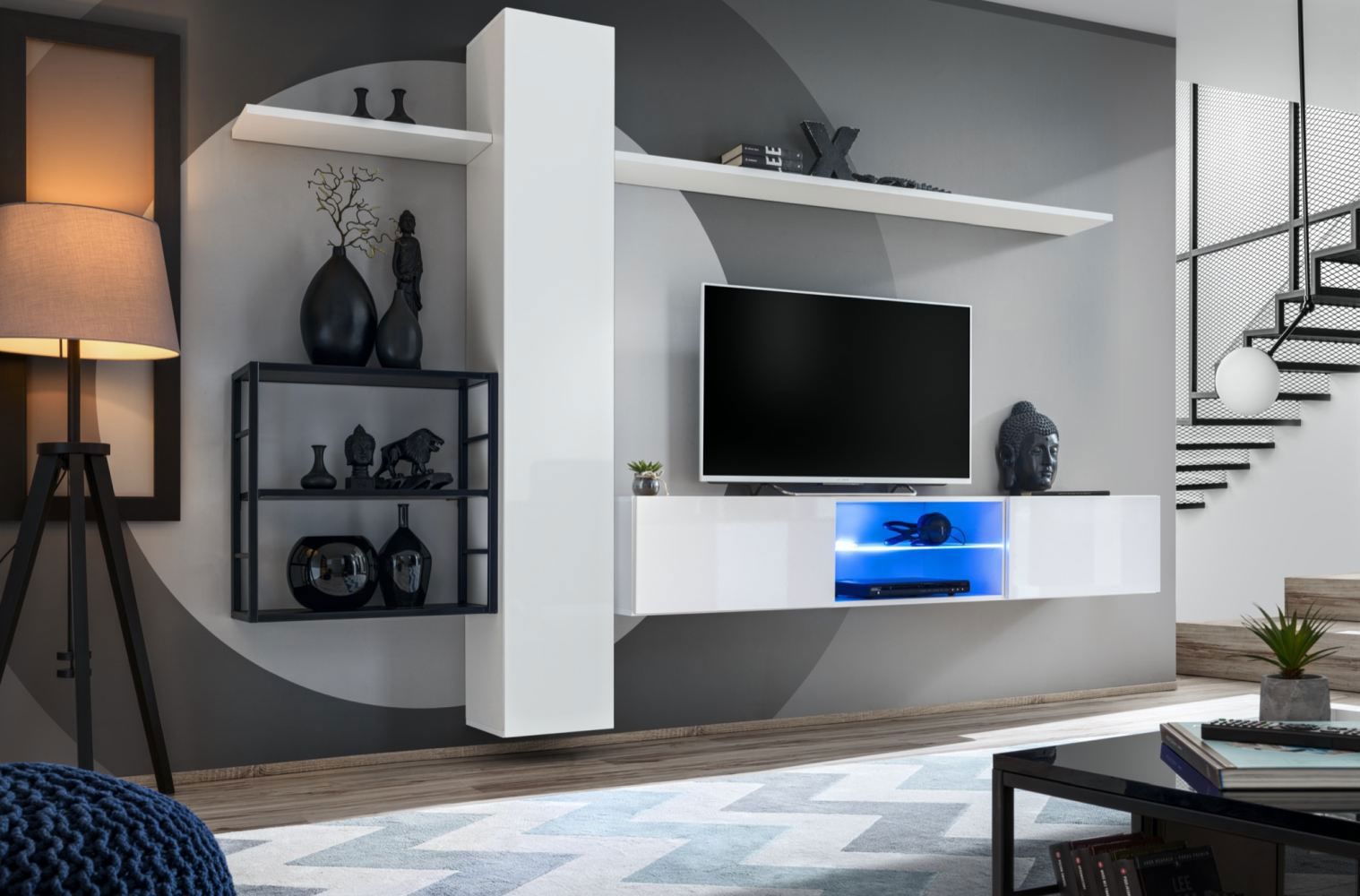 Parete soggiorno moderna con funzione push-to-open Valand 17, colore: bianco - Dimensioni: 180 x 270 x 40 cm (A x L x P)