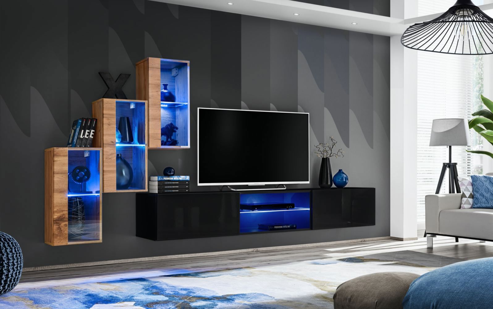 Pensile dall'elegante design Volleberg 29, colore: rovere Wotan / nero - Dimensioni: 120 x 210 x 40 cm (A x L x P), con illuminazione LED blu