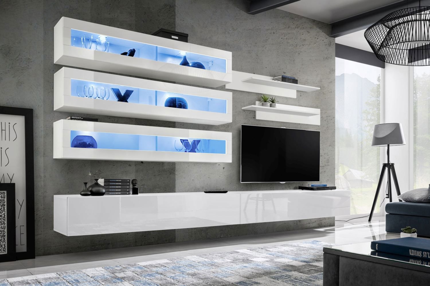 Pensile da soggiorno Hompland 101, colore: bianco - Dimensioni: 180 x 320 x 40 cm (A x L x P), con illuminazione LED blu