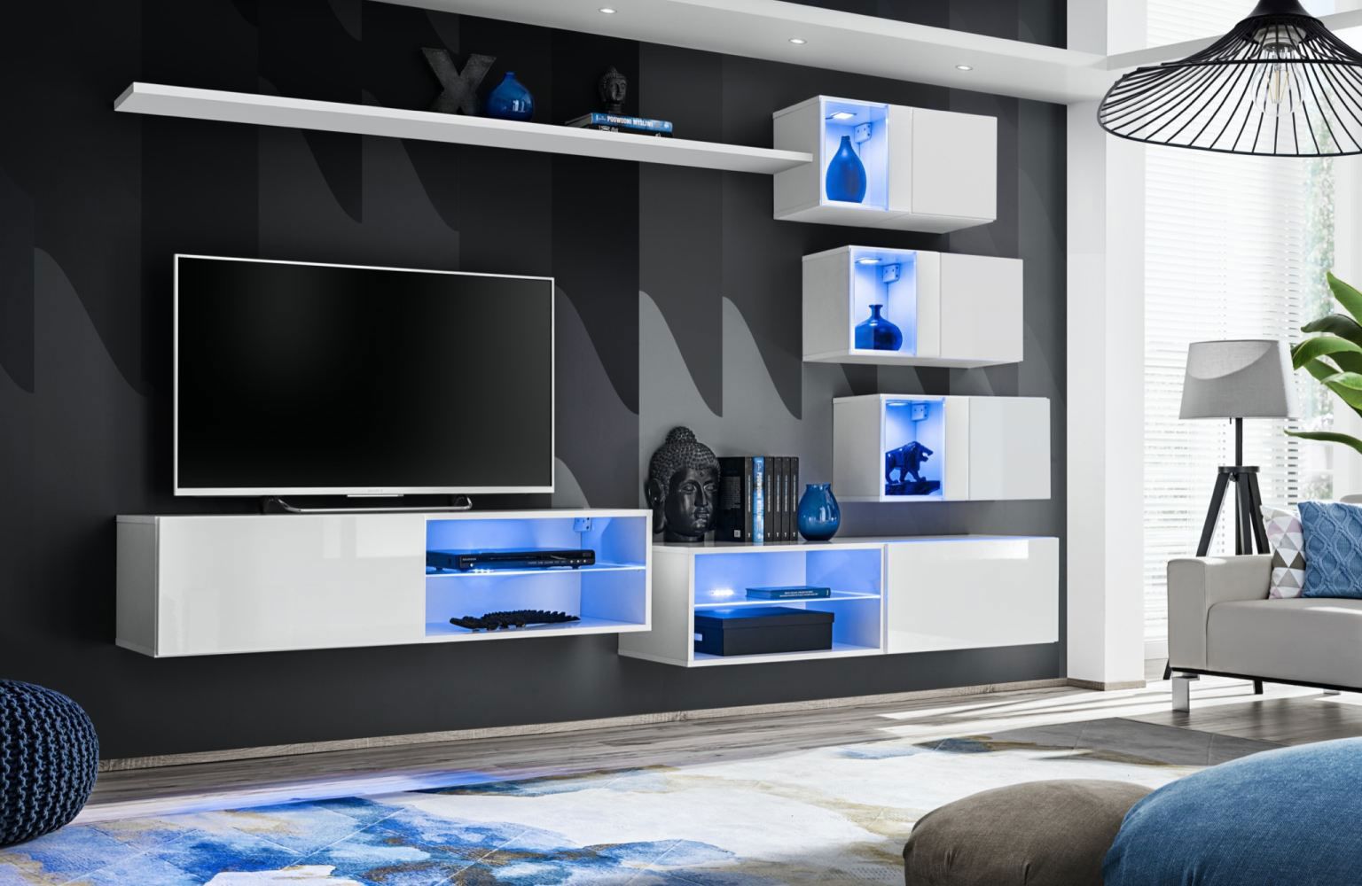 Parete soggiorno moderna Volleberg 49, colore: bianco - Dimensioni: 150 x 250 x 40 cm (A x L x P), con otto ante