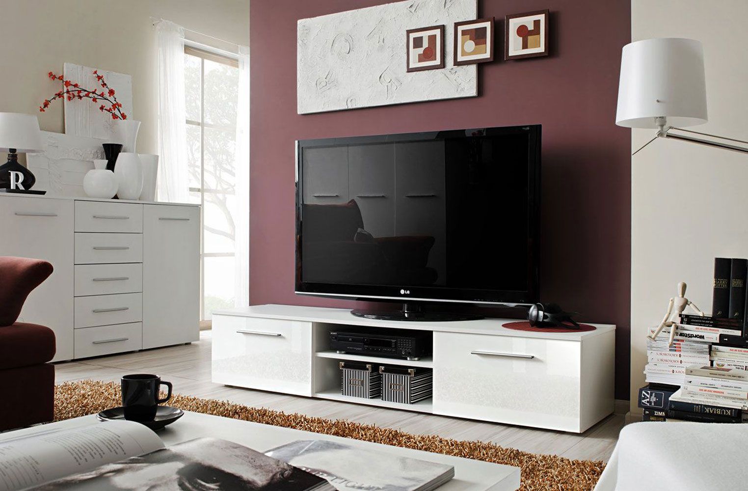 Mobiletto TV a due ante Salmeli 22, colore: nero / bianco - Dimensioni: 35 x 180 x 45 cm (A x L x P)