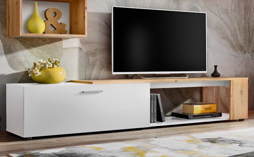 Mobile TV semplice con due scomparti Bjordal 08, colore: bianco opaco / rovere Wotan - Dimensioni: 39 x 200 x 40 cm (A x L x P)