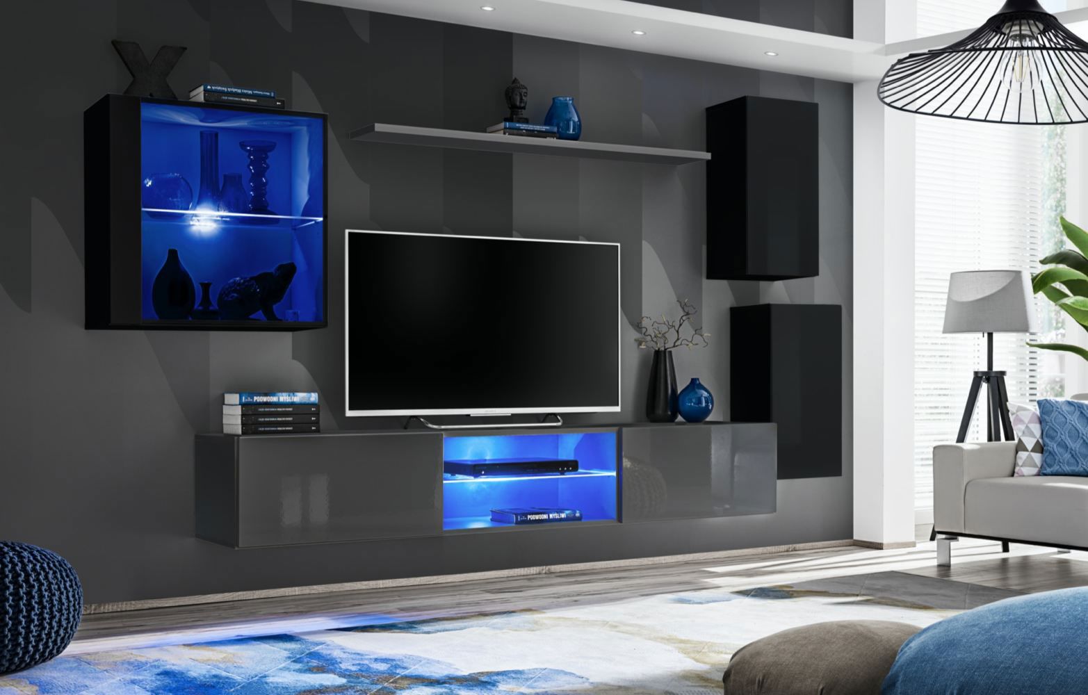 Parete attrezzata per soggiorno Volleberg 42, colore: nero/grigio - Dimensioni: 140 x 250 x 40 cm (A x L x P), con illuminazione LED blu