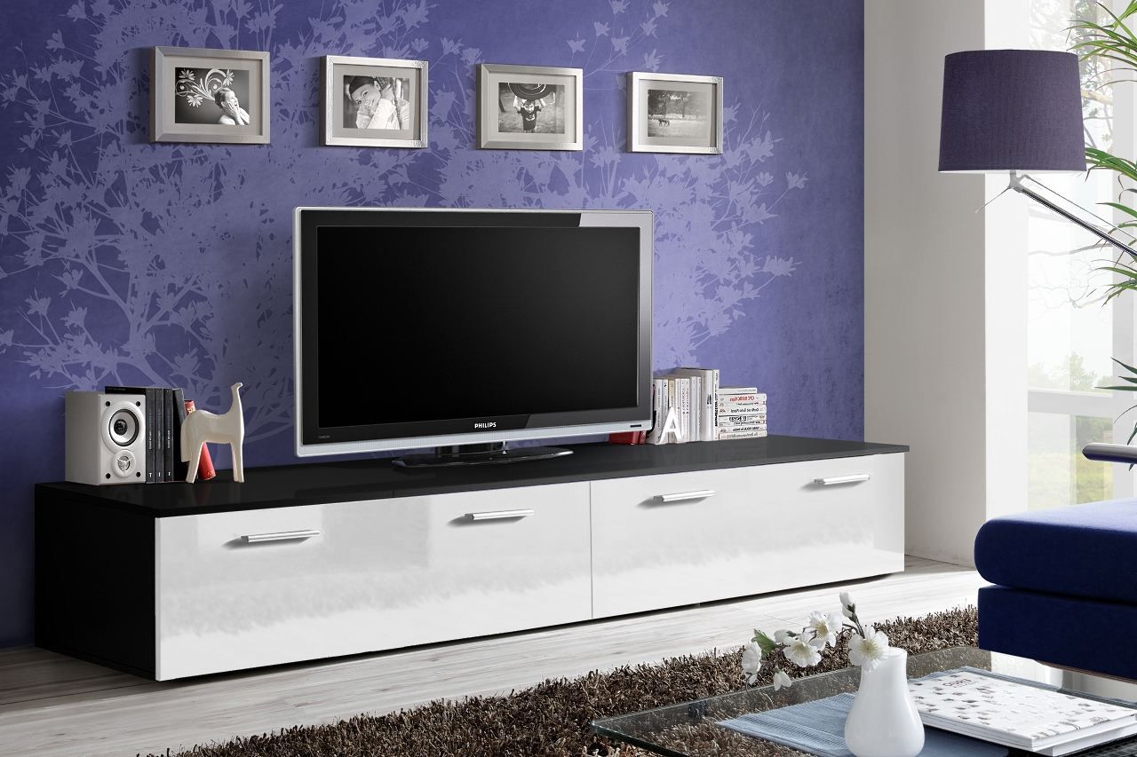 Elegante mobile TV Bjordal 62, colore: bianco lucido / nero opaco - Dimensioni: 35 x 200 x 45 cm (A x L x P), con quattro vani