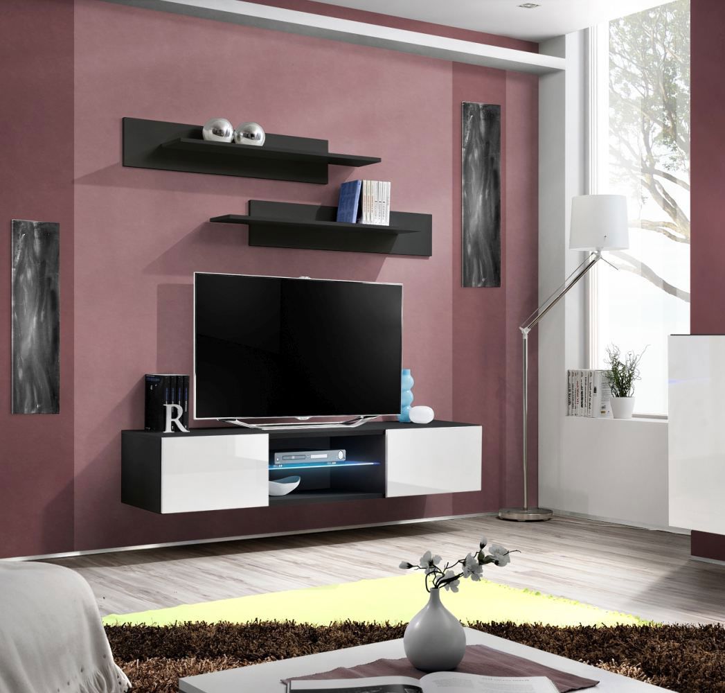 Eccezionale lavagna TV Raudberg 07, colore: bianco / nero - Dimensioni: 30 x 160 x 40 cm (A x L x P), con illuminazione LED blu