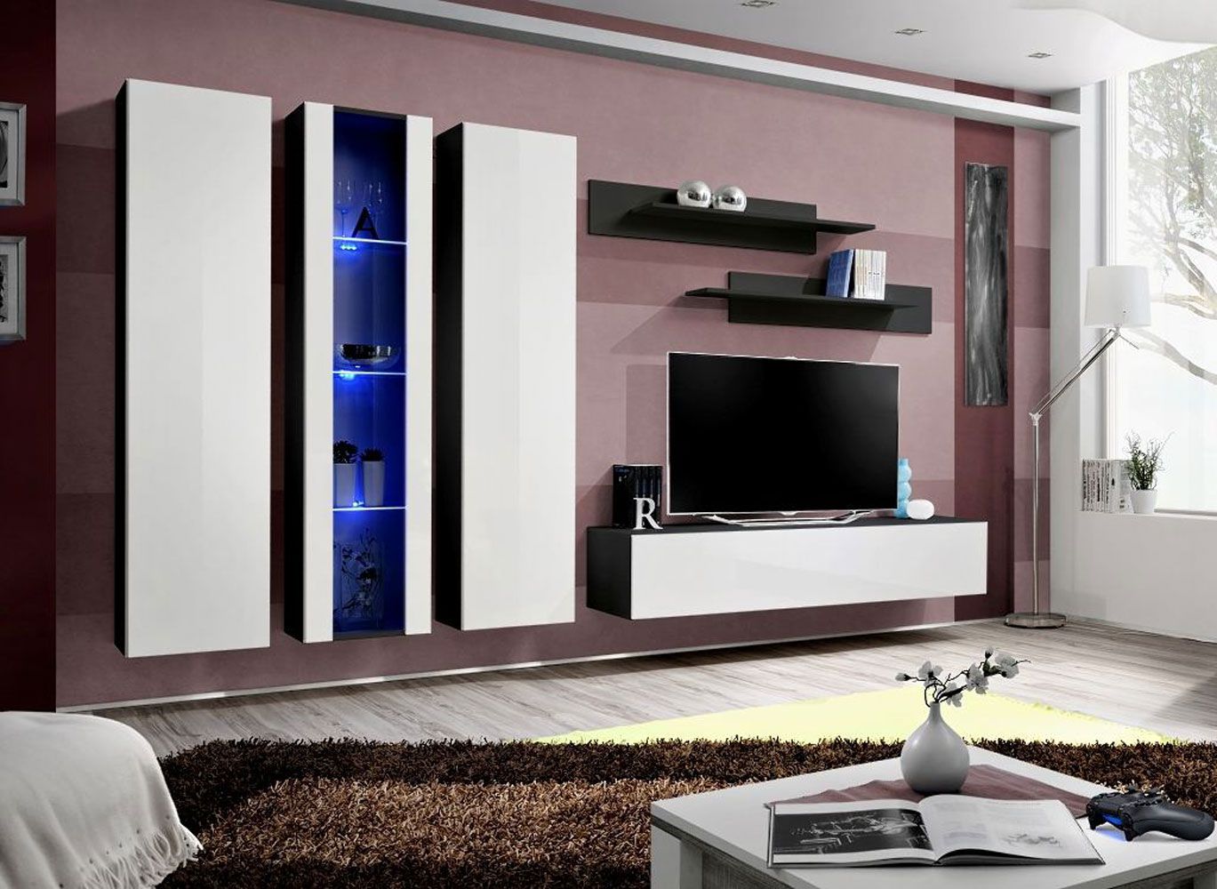 Eccezionale parete attrezzata per soggiorno Hompland 35, colore: bianco / nero - Dimensioni: 170 x 260 x 40 cm (A x L x P), con illuminazione LED blu
