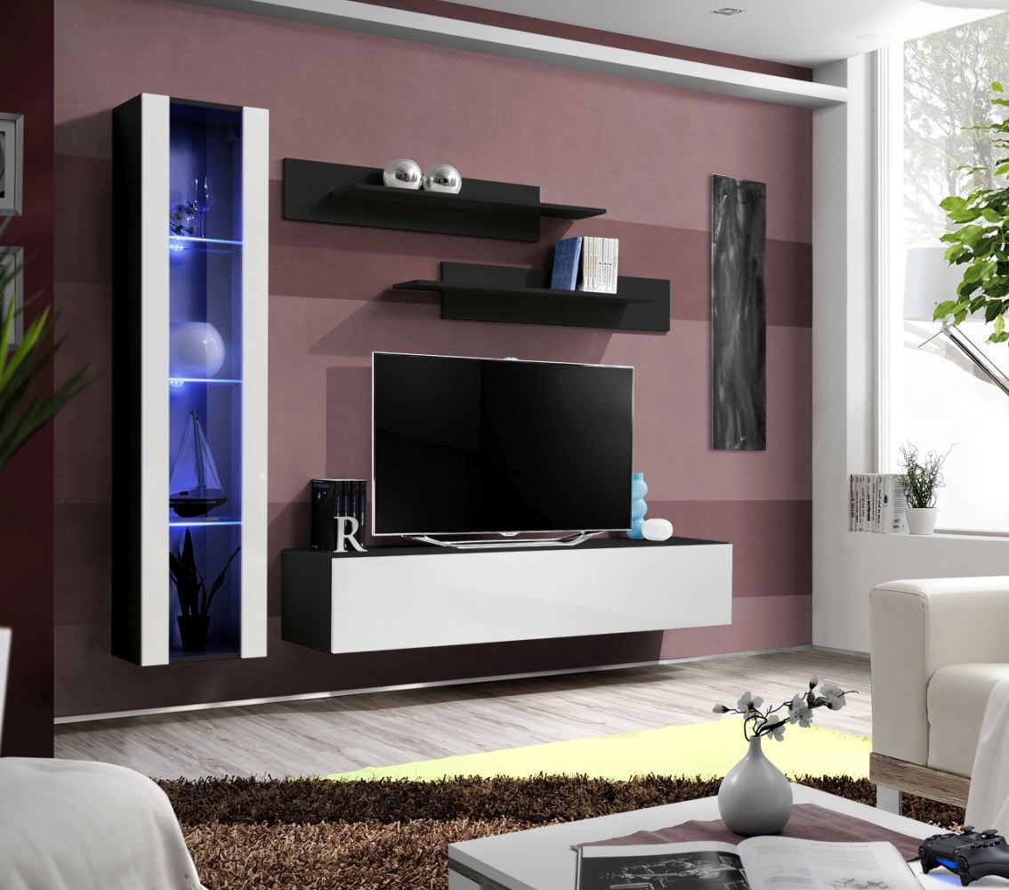 Parete soggiorno moderna Hompland 67, colore: nero / bianco - Dimensioni: 170 x 210 x 40 cm (A x L x P), con illuminazione LED blu