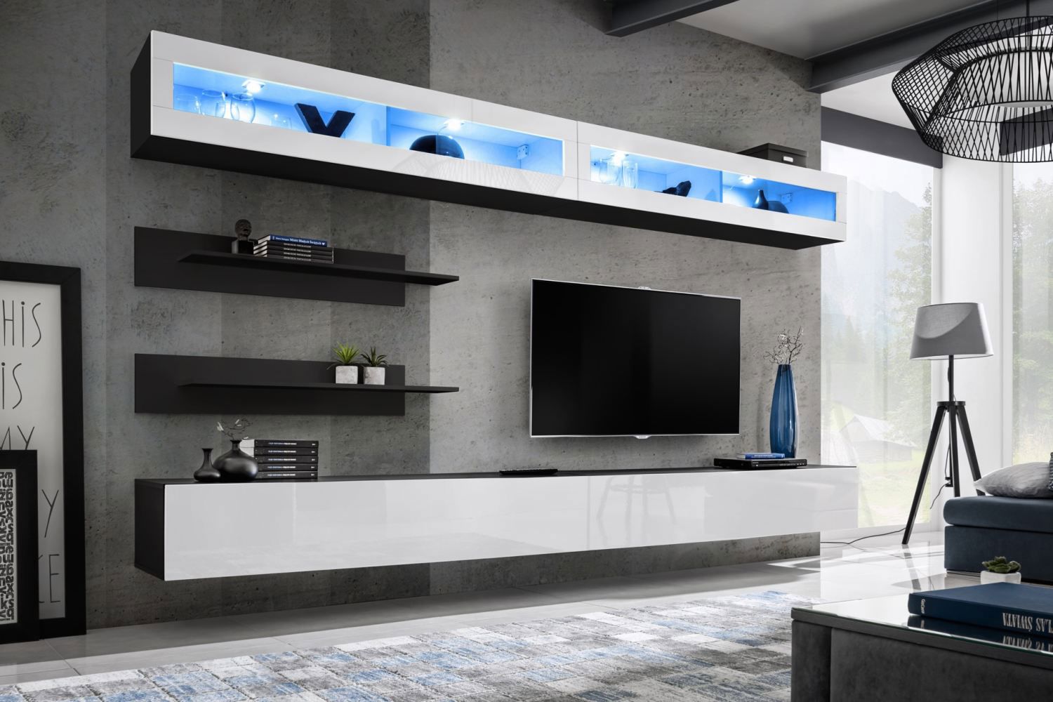Pensile da soggiorno Hompland 91, colore: nero / bianco - Dimensioni: 180 x 320 x 40 cm (A x L x P), con illuminazione LED blu