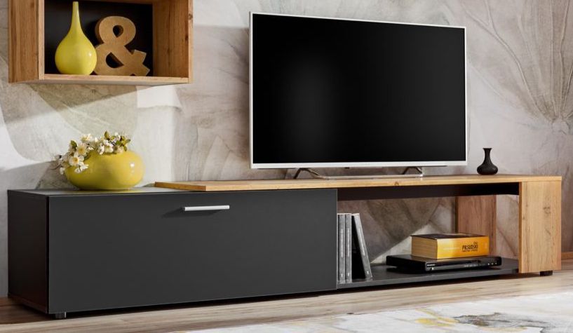 Straordinario mobile TV Bjordal 07, colore: nero opaco / rovere Wotan - Dimensioni: 39 x 200 x 40 cm (A x L x P)