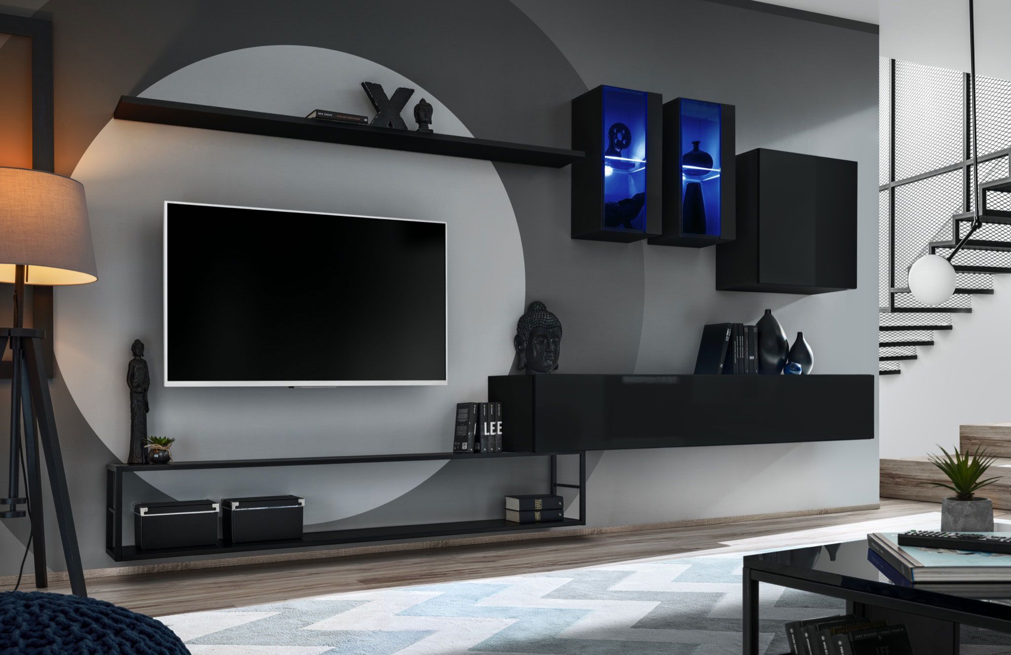 Elegante parete soggiorno Valand 02, colore: nero - Dimensioni: 180 x 330 x 40 cm (A x L x P), con illuminazione LED blu