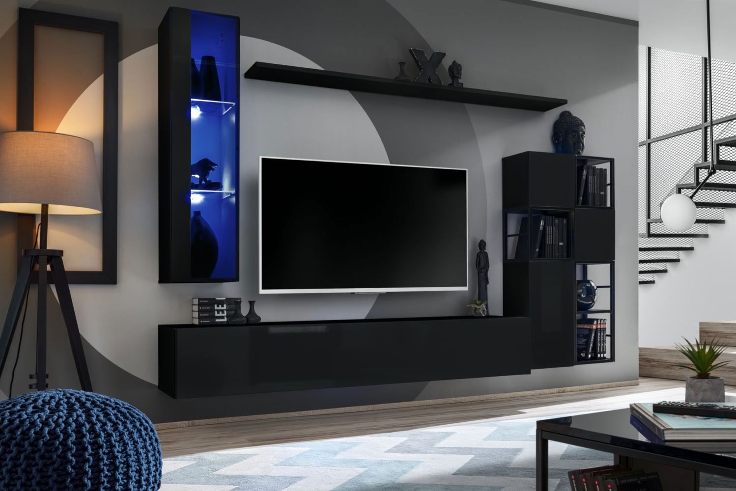 Parete soggiorno in design moderno Valand 06, colore: nero - Dimensioni: 170 x 250 x 40 cm (A x L x P), con illuminazione LED blu