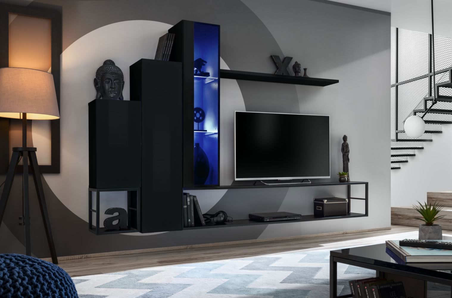 Parete soggiorno in design moderno Valand 30, colore: nero - Dimensioni: 150 x 240 x 40 cm (A x L x P), con illuminazione LED blu