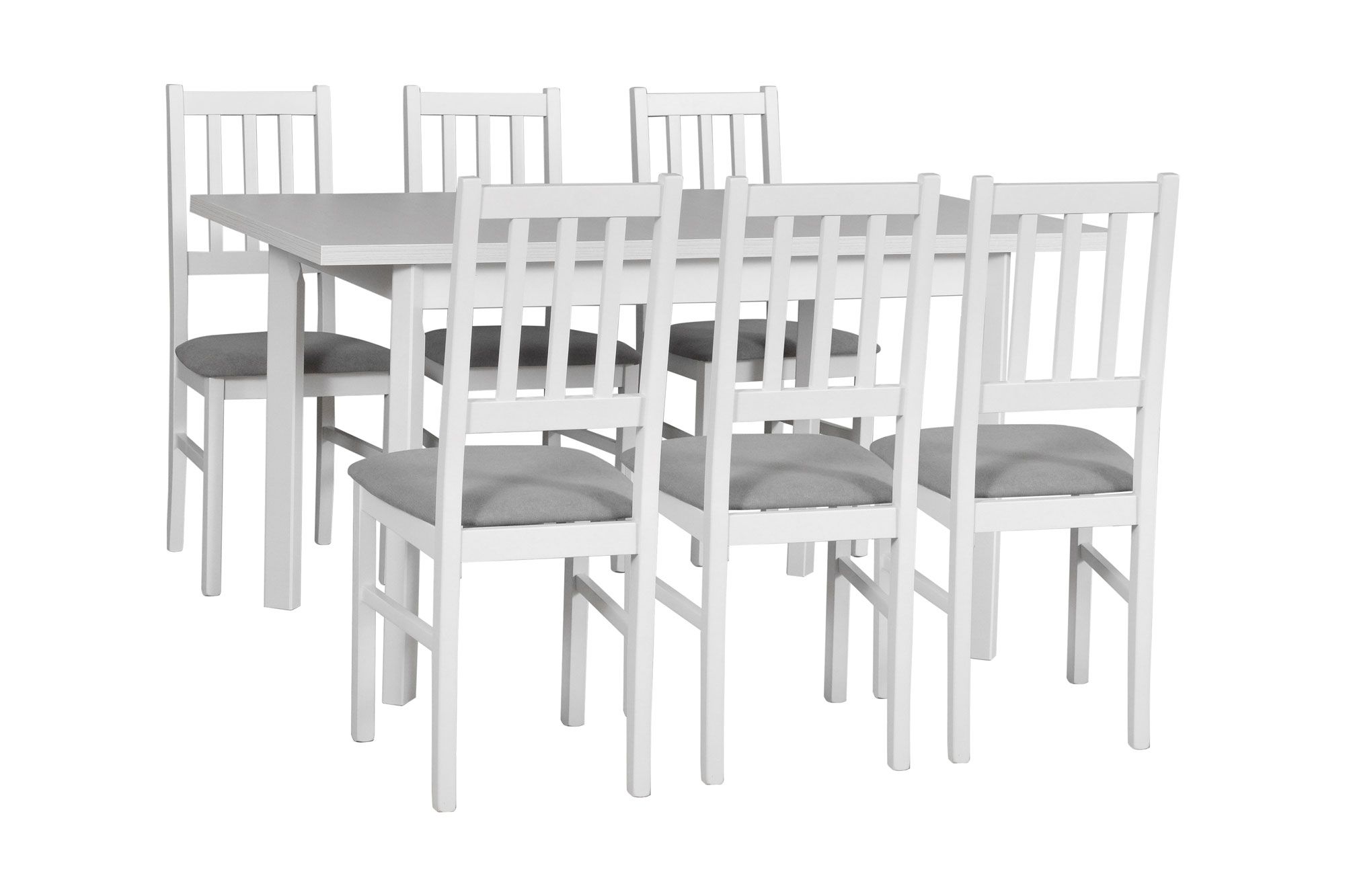 Set completo per sala da pranzo B, 7 pezzi, design semplice, spazio per 6 persone, colore: bianco, piano in laminato antigraffio, elevata resistenza e durevolezza