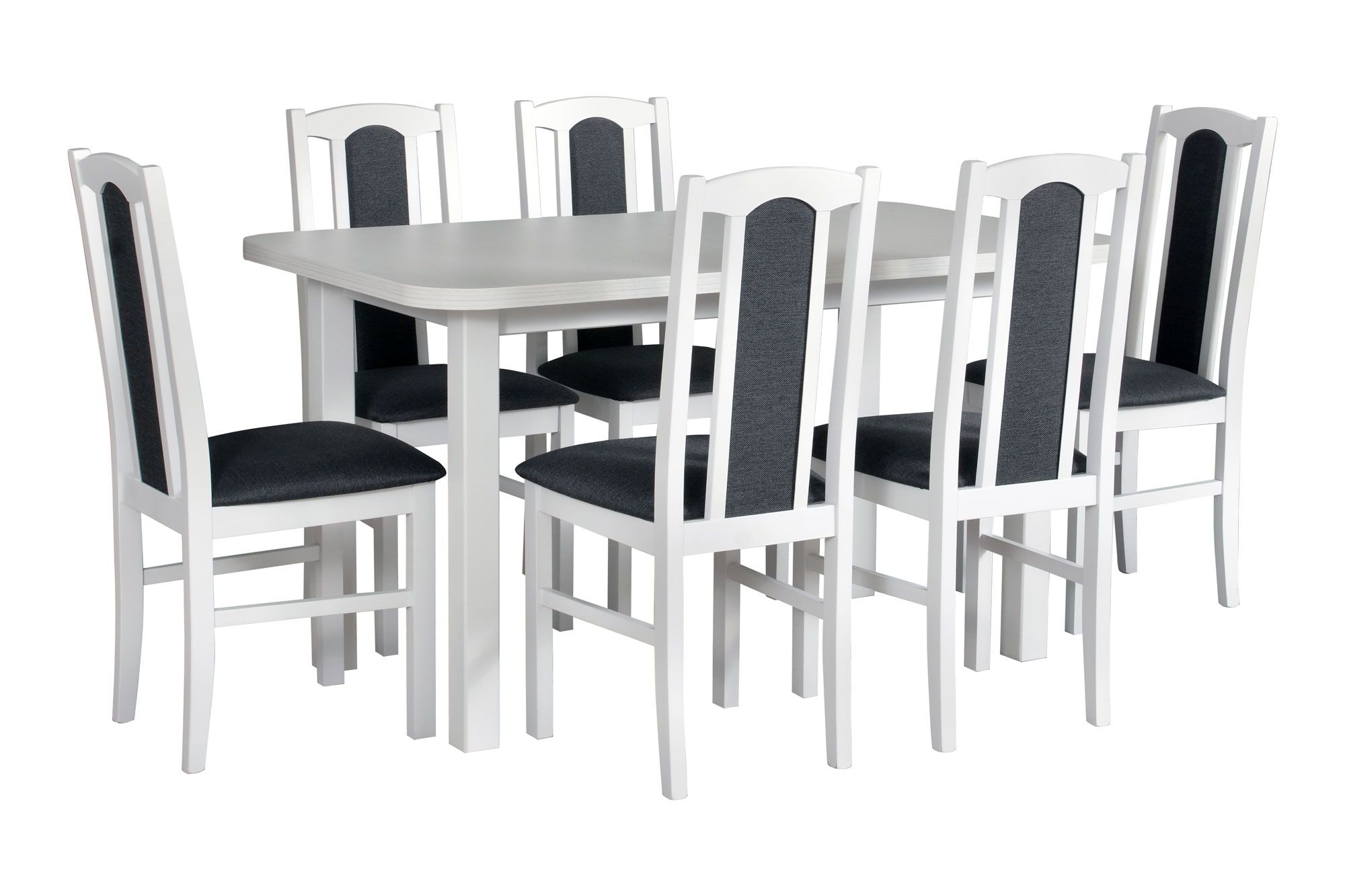 Set completo per sala da pranzo C, 7 pezzi, 6 sedie in legno massiccio, colore del legno: bianco, tavolo robusto, sedute comode, design moderno e semplice