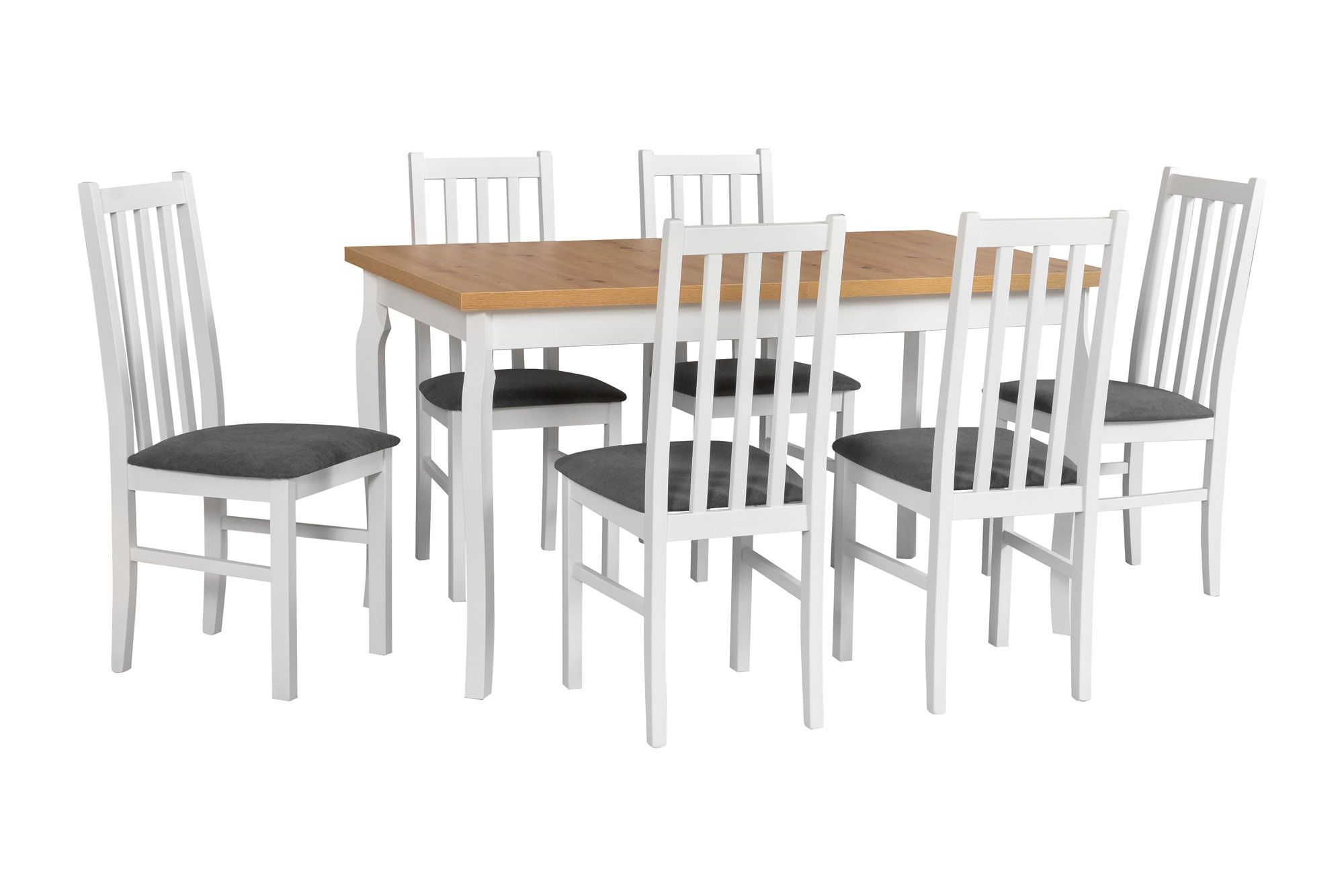 Set completo per sala da pranzo G, 7 pezzi, tavolo allungabile, poltrone imbottite, colore: bianco/rovere, design moderno e semplice, ottima stabilità