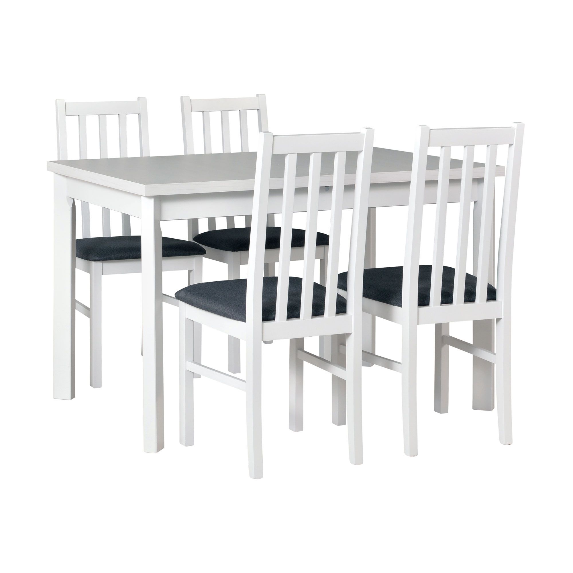 Set completo per sala da pranzo I, 5 pezzi, salvaspazio, design moderno e semplice, colore del legno: bianco, 4 sedie in legno con imbottitura, buona stabilità