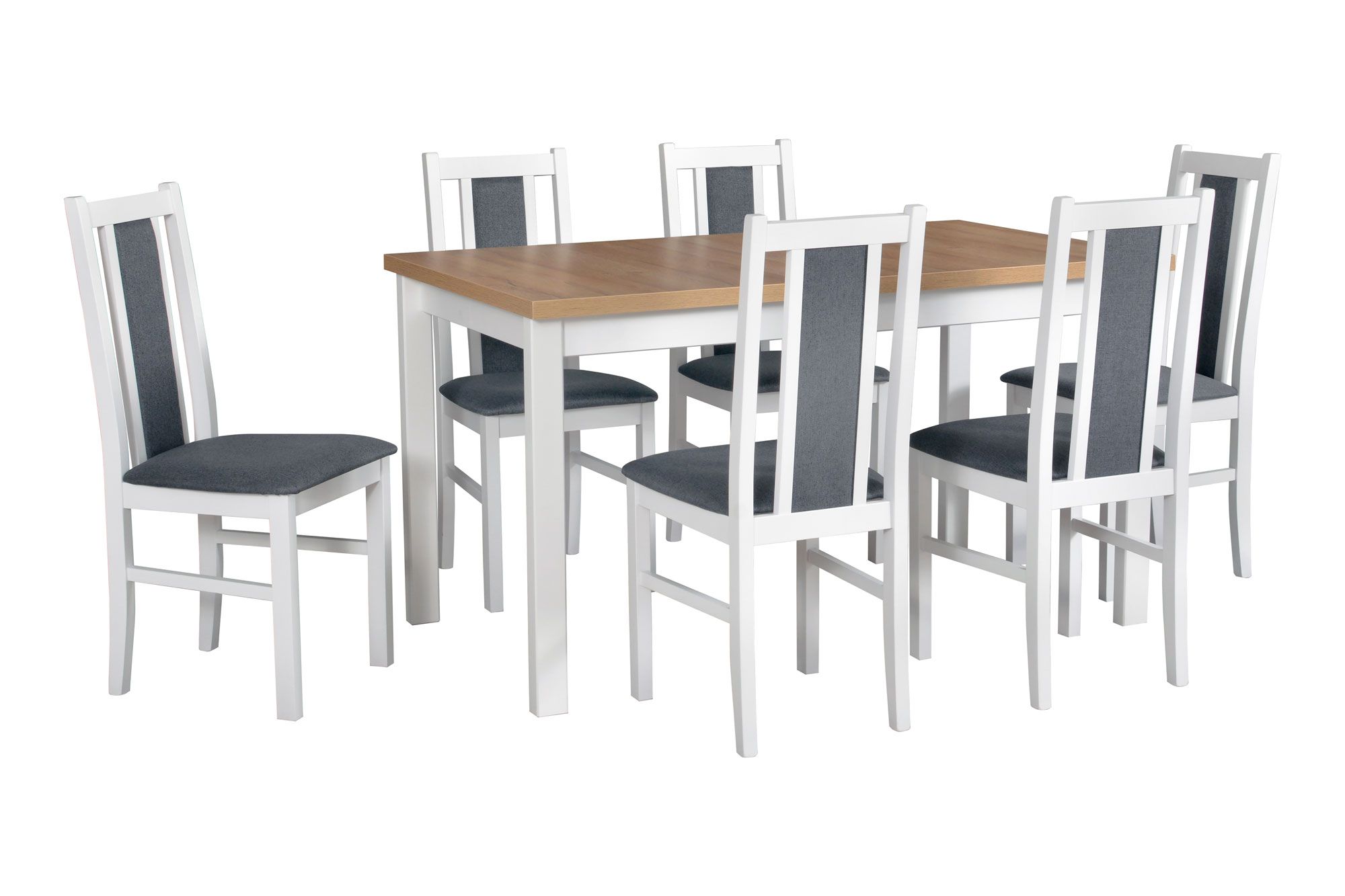 Set completo per sala da pranzo J, 7 pezzi, grande tavolo da pranzo in bianco/rovere, 6 sedie imbottite in legno, design moderno e semplice, bella venatura