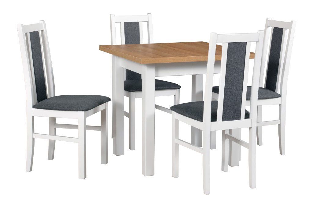 Set completo per sala da pranzo L, 5 pezzi, salvaspazio, colore del legno: bianco/rovere, piano del tavolo in laminato antigraffio, design semplice, poltrone in legno imbottite