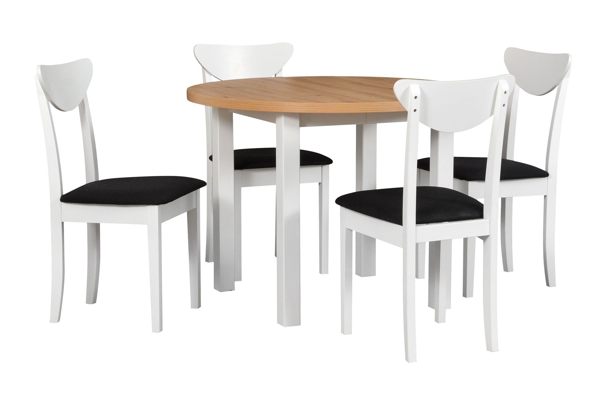 Set completo per sala da pranzo N, 5 pezzi, tavolo rotondo in legno allungabile, 4 sedie in legno con rivestimento, colore legno: bianco/rovere, colore tessuto: nero