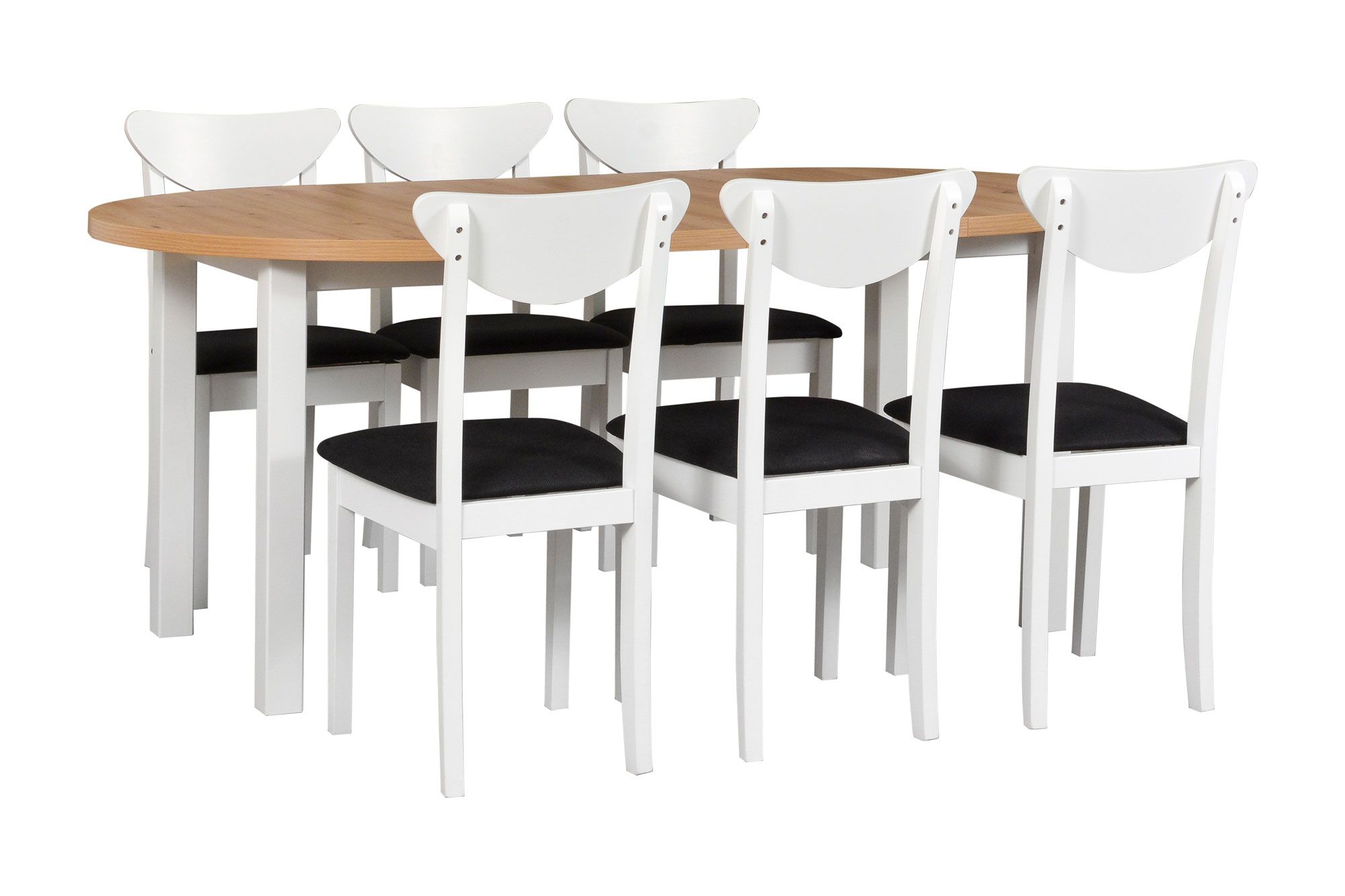 Set completo per sala da pranzo O, 7 pezzi, tavolo in legno allungabile in bianco/rovere, 6 sedie in legno bianco con comoda imbottitura in nero, legno robusto