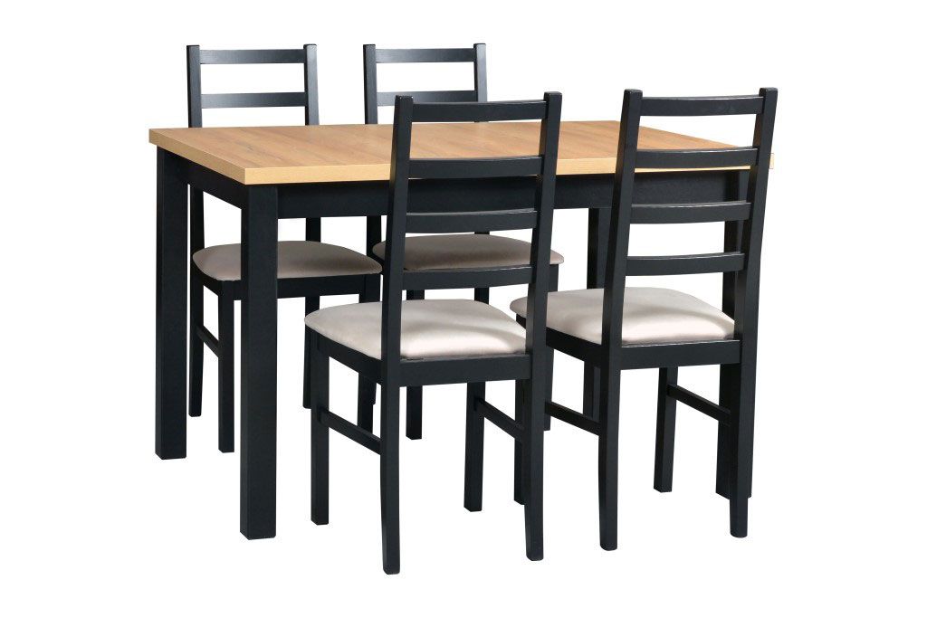 Set completo per sala da pranzo U, 5 pezzi, design senza tempo, 4 poltrone in legno con comoda imbottitura, robusto tavolo da pranzo in nero/quercia, legno pregiato