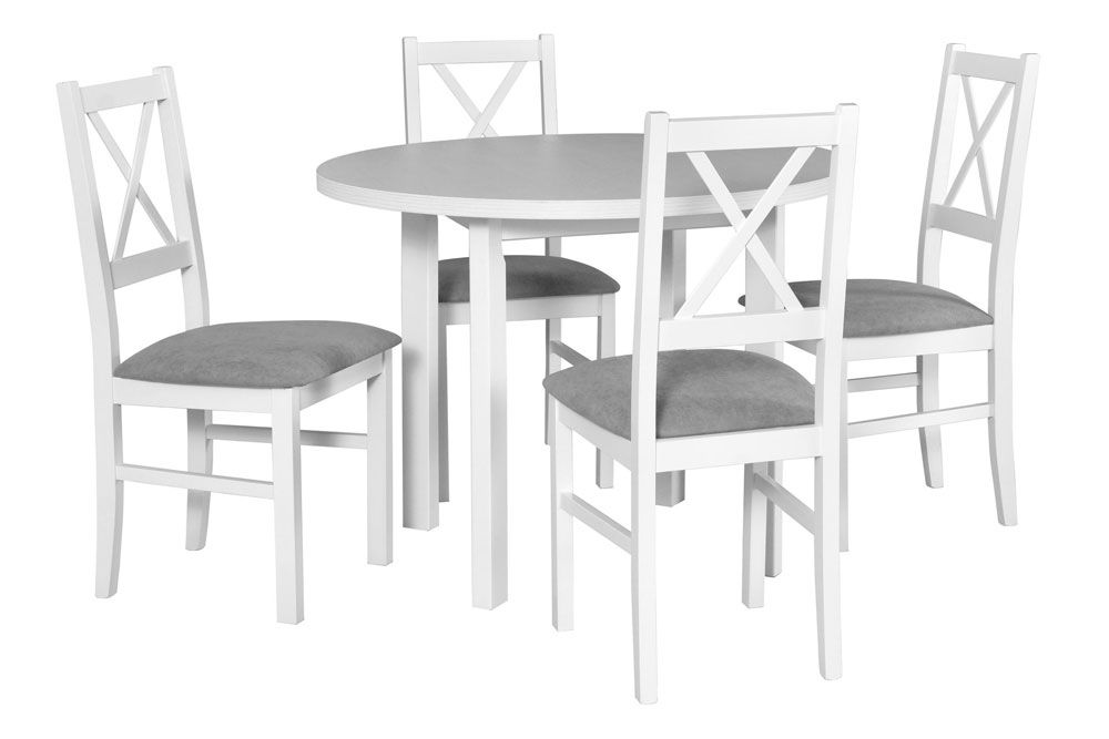 Set completo per sala da pranzo V, 5 pezzi, design semplice, tavolo da pranzo rotondo in bianco, 4 sedie in legno bianco con rivestimento grigio, piano del tavolo in laminato