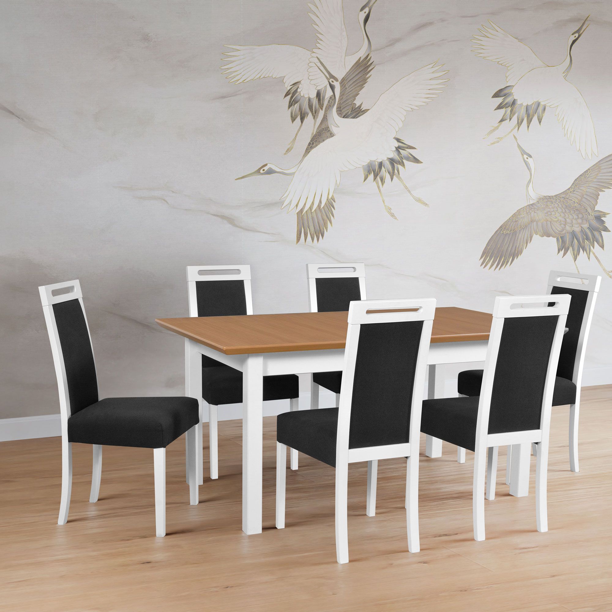 Set completo per sala da pranzo X, 7 pezzi, grande tavolo da pranzo in bianco/rovere, design moderno e semplice, 6 robuste sedie in legno imbottite