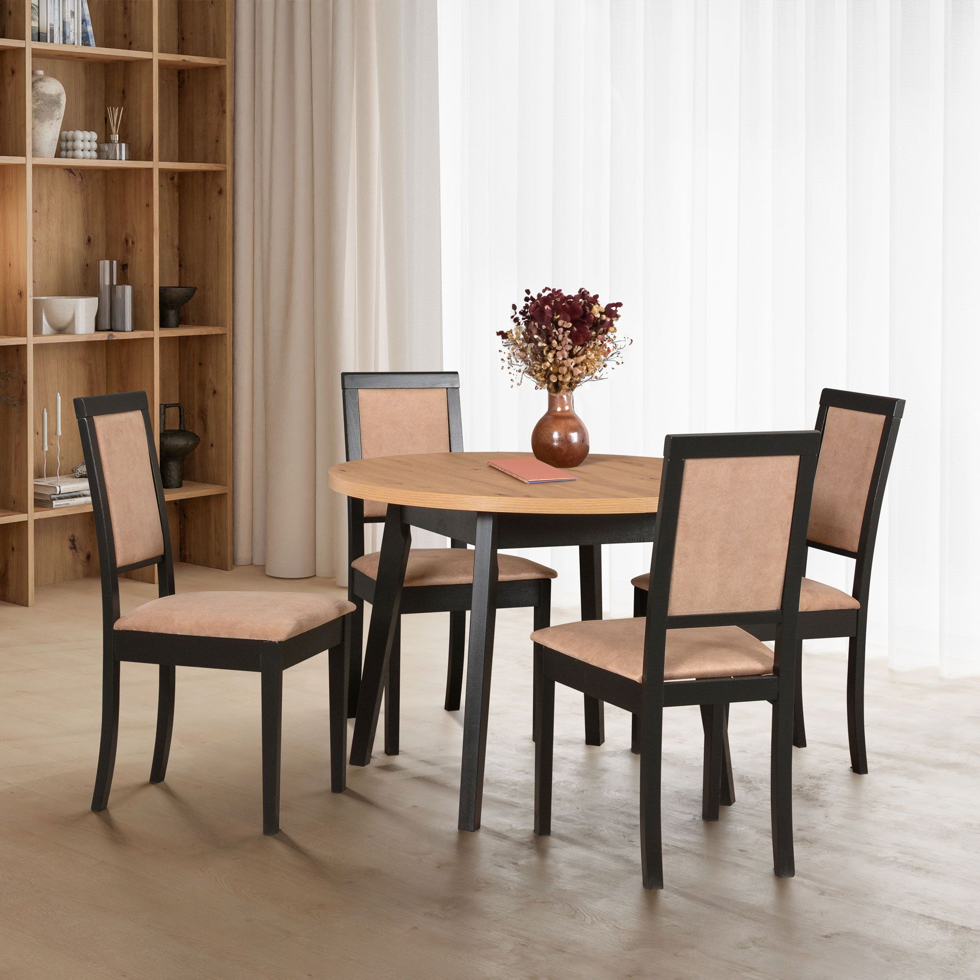 Set completo per sala da pranzo Y, 5 pezzi, tavolo da pranzo rotondo in nero/rovere, 4 sedie in legno abbinate, comode e morbidamente imbottite, piano del tavolo in laminato