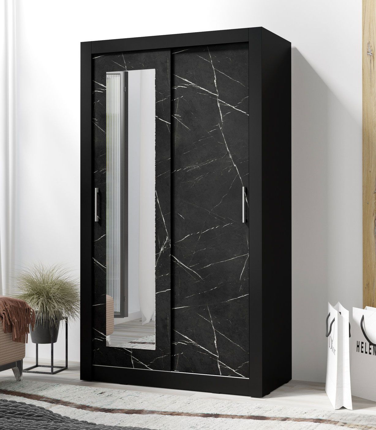 Armadio ad ante scorrevoli con specchio Niel 23, Colore: Nero / Marmo nero - Dimensioni: 215 x 120 x 60 cm (A x L x P)