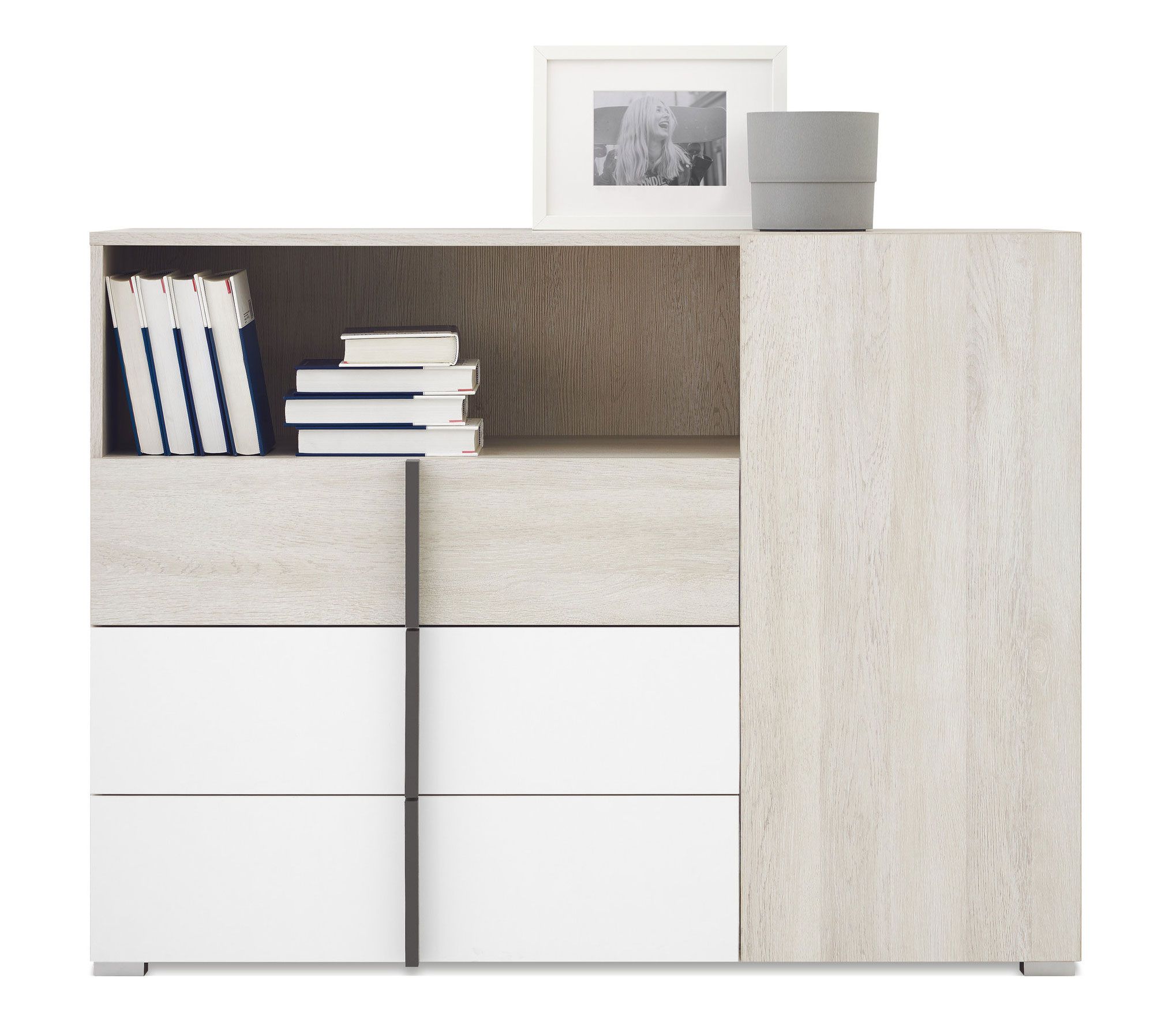 Credenza con scudi dal design semplice 09, colore: bianco rovere / bianco / antracite - dimensioni: 90 x 120 x 43 cm (A x L x P)