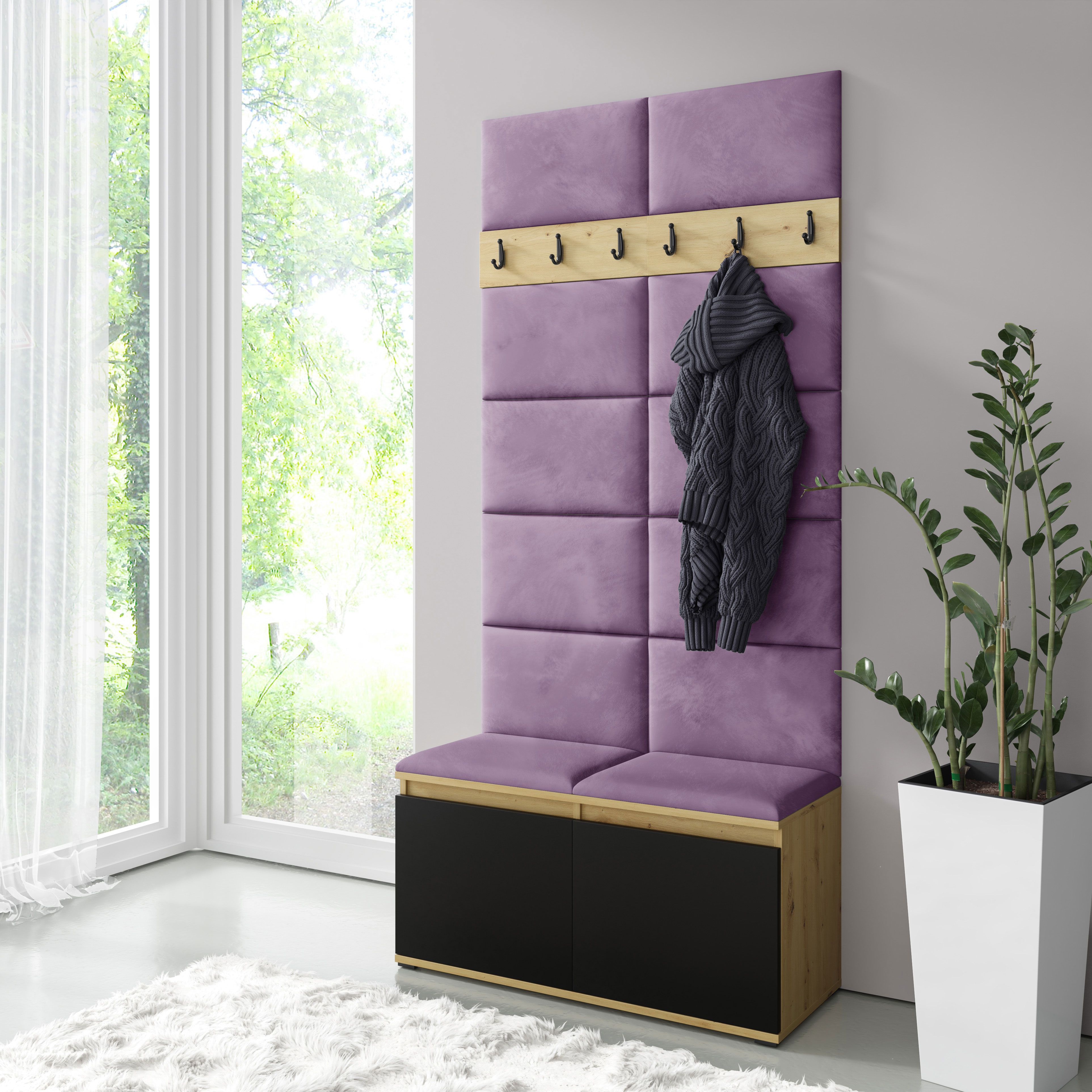 Armadio stretto 01 con panca imbottita | Artisan/nero/viola | 215 x 100 x 40 cm | per 8 paia di scarpe | 6 ganci per cappotti | 4 scomparti | 2 ante a ribalta