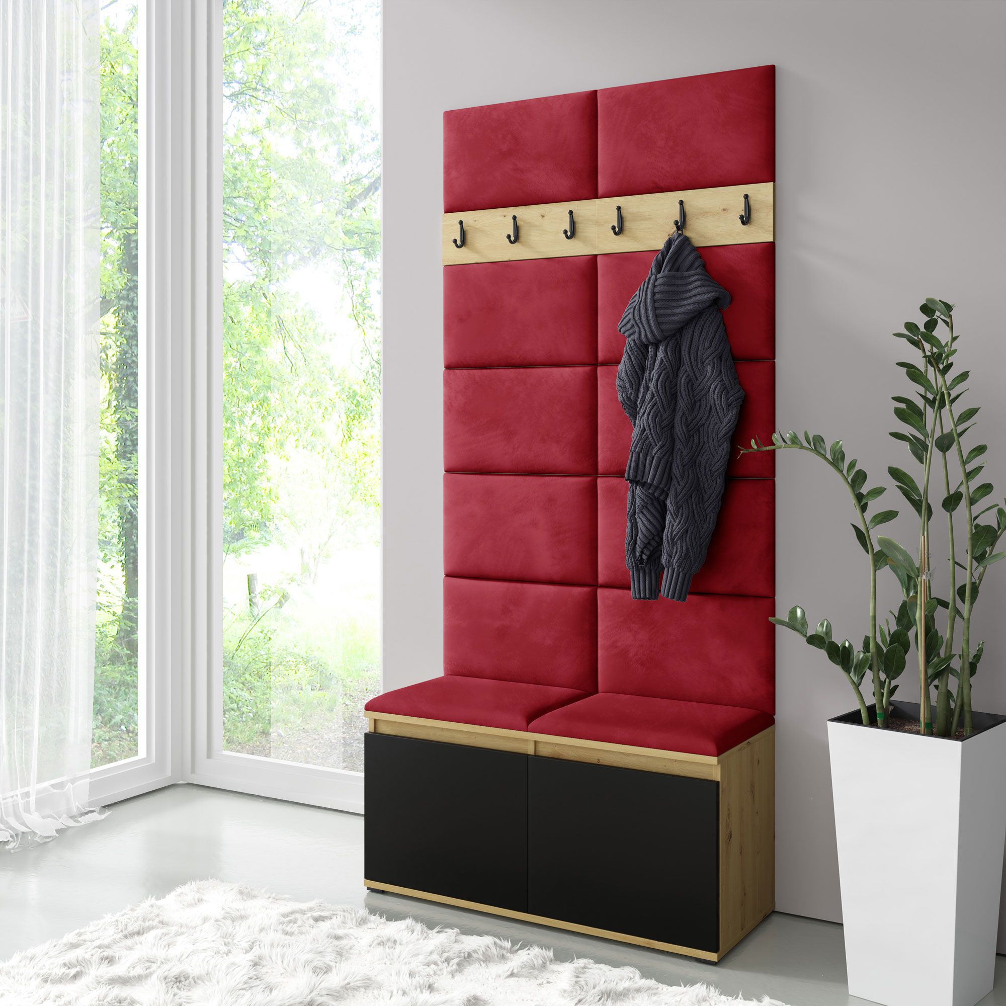 Appendiabiti largo 1 metro 01 con panca imbottita, per 8 paia di scarpe, Artisan/nero/rosso rubino, 215 x 100 x 40 cm, 6 ganci per cappotti, 4 scomparti grandi